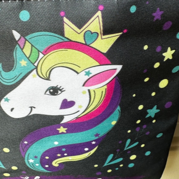 Dreams Black Canvas print Unicorn front adjustable strap Crossbody Bag. - Picture 7 of 12